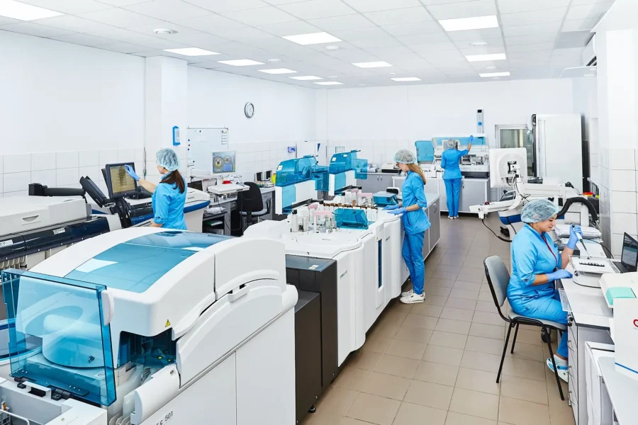 Technicians working in a modern analytical laboratory